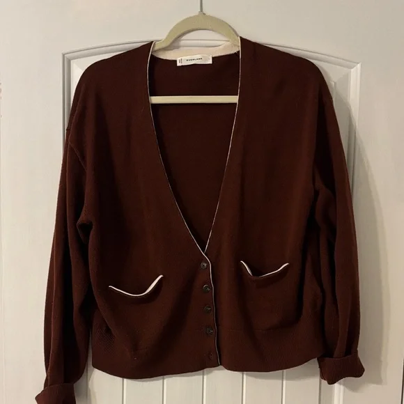 Everlane Brown V-Neck Cardigan with Contrast Trim - Picture 5 of 11